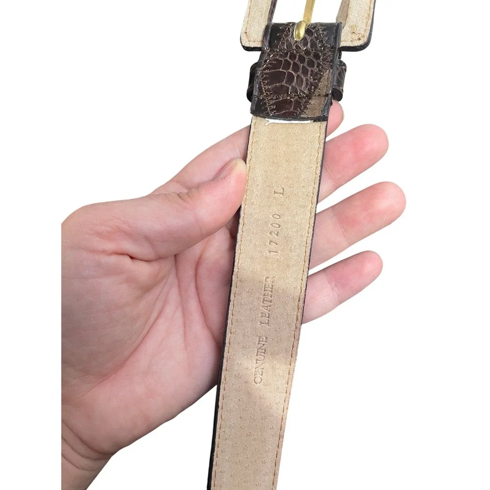 Vintage 80s Brown Croc Embossed Patchwork Leather Belt Gold Buckle Western Boho